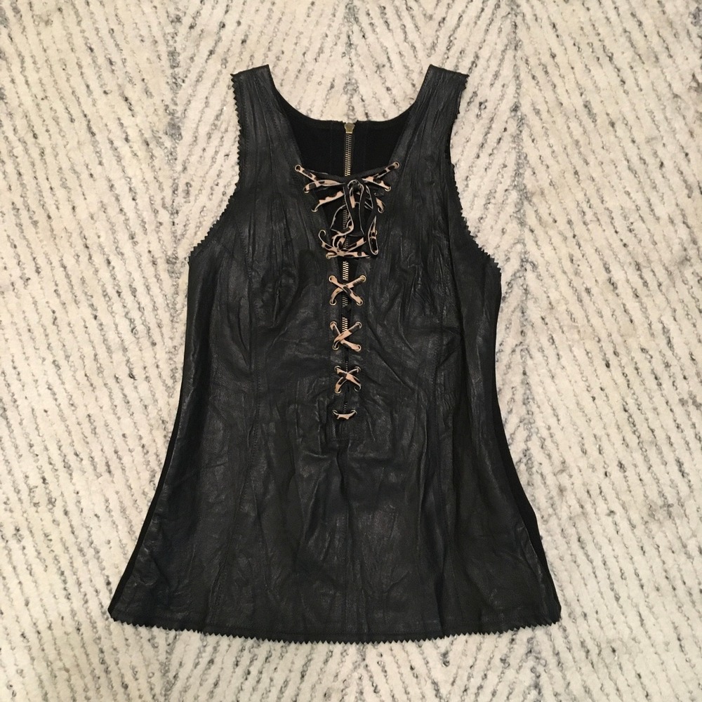 Illia Black Leather Lace Up Corset Tank Top Vest Back Zip Size 4